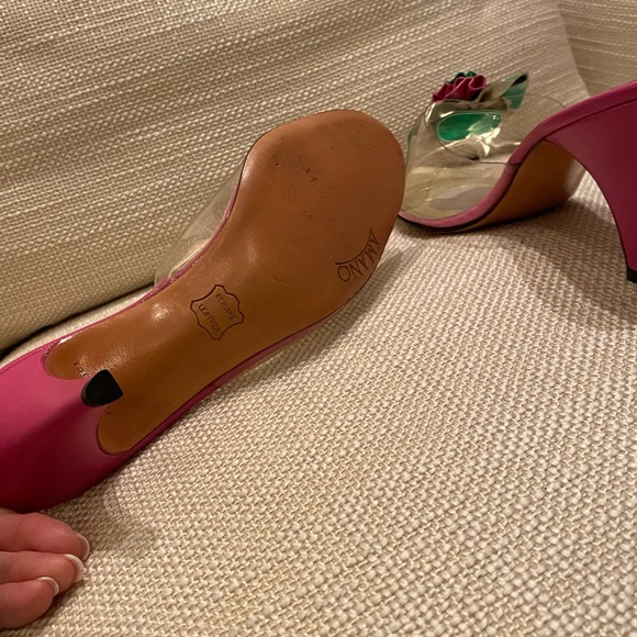 Amano Vintage Handmade Hot Pink Green Flower Clear Slide w H Pink Heel / Size 9N - Picture 12 of 16